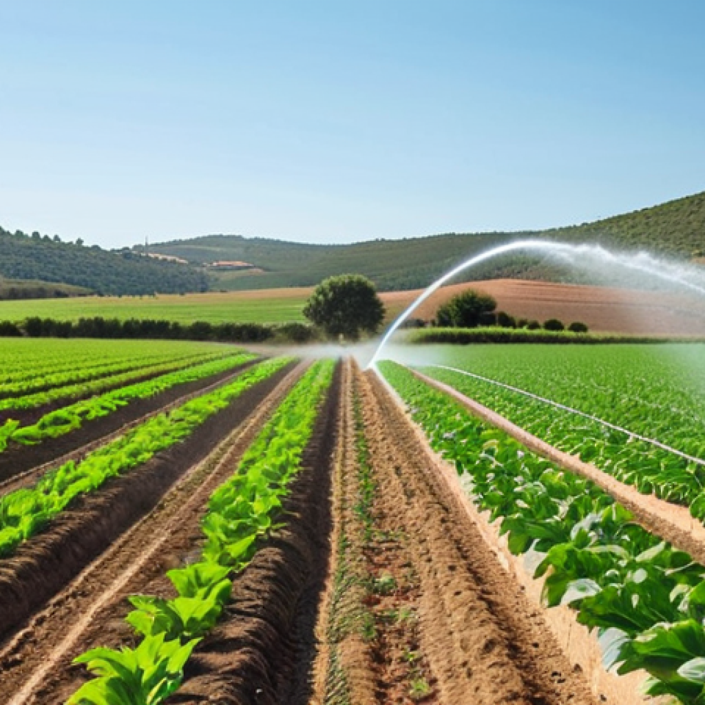 **Prompt:** Small farmers in Extremadura, Spain, using AI-powered smart irrigation on a sunny day. Lush green fields, modern technology integrated seamlessly with traditional farming, showcasing a 30% increase in crop production. European Union flag subtly in the background.
