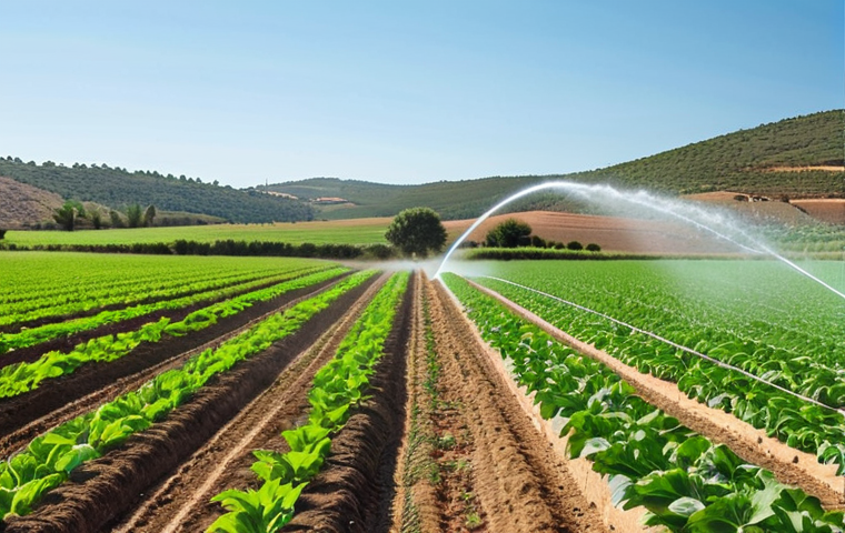 **Prompt:** Small farmers in Extremadura, Spain, using AI-powered smart irrigation on a sunny day. Lush green fields, modern technology integrated seamlessly with traditional farming, showcasing a 30% increase in crop production. European Union flag subtly in the background.