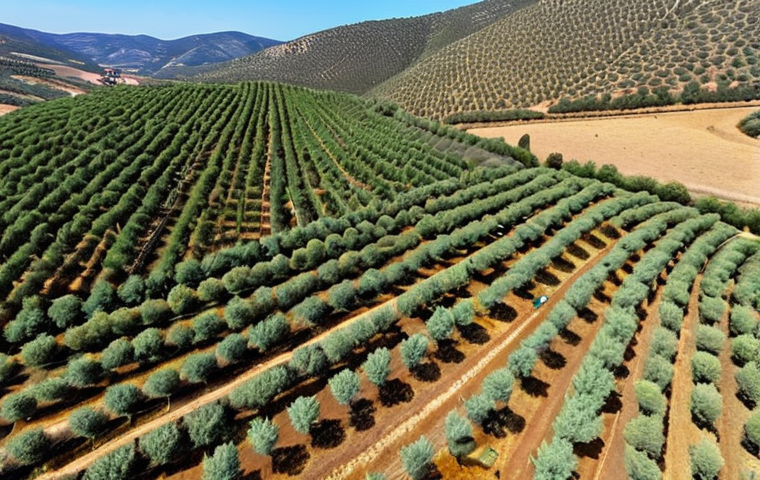 **
A vibrant aerial view of an olive grove in Jaén, Spain, captured by a drone equipped with multispectral sensors. The image highlights the different shades of green indicating varying levels of plant health, with some areas showing early signs of olive fly infestation being targeted for treatment. The surrounding landscape showcases the rolling hills and traditional farming practices of the region.
**