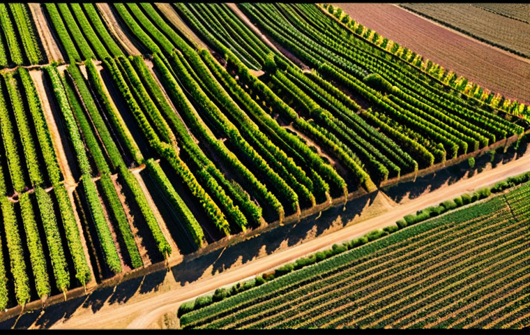 A drone's eye view over vineyards in La Rioja, Spain, showcasing multispectral imaging highlighting areas of plant stress. Focus on the technological aspect integrated into a traditional agricultural setting.