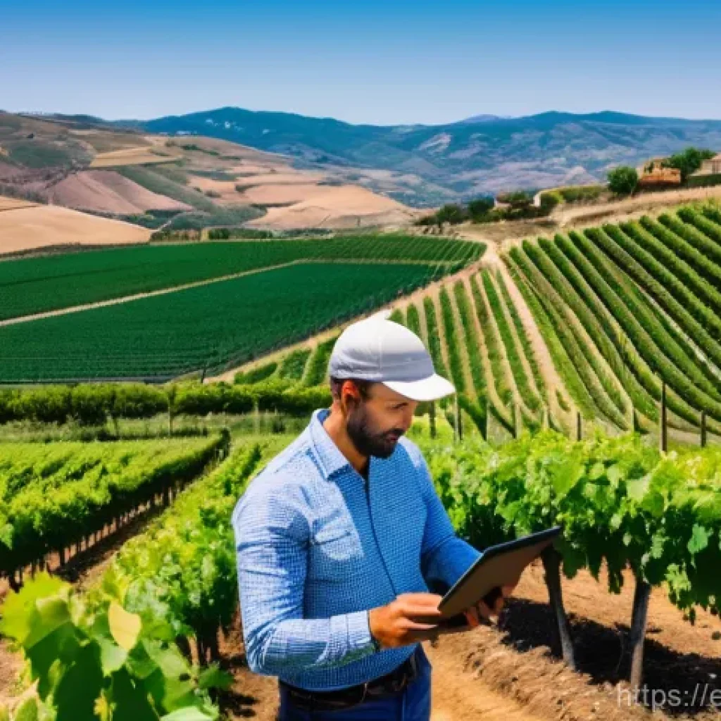 농업 탄소 배출 저감 기술 - A high-angle shot captured by a drone, showcasing a sprawling, vibrant green vineyard nestled in the...