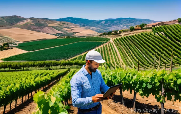 농업 탄소 배출 저감 기술 - A high-angle shot captured by a drone, showcasing a sprawling, vibrant green vineyard nestled in the...