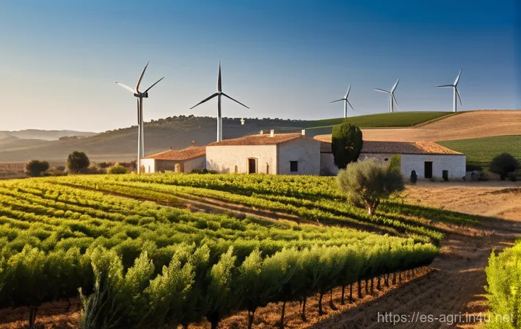 농업 탄소 배출 저감 기술 - A high-angle shot captured by a drone, showcasing a sprawling, vibrant green vineyard nestled in the...