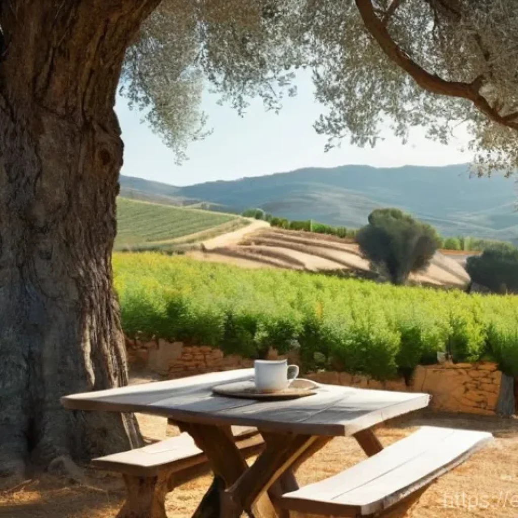 농업 생태 관광 - **Prompt:** "A serene, sun-drenched morning on a Spanish agrotourism farm. The image captures a rust...