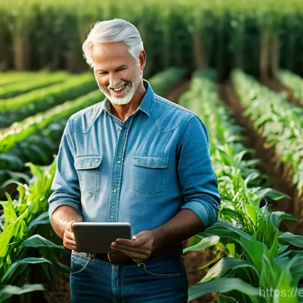 농업 스마트 워터링 시스템 - **A farmer interacting with smart irrigation controls in a thriving field:** A warm, golden hour pho...