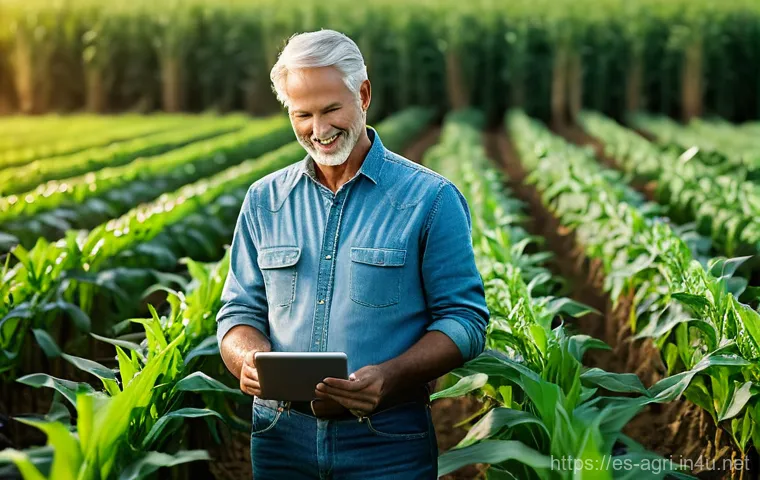 농업 스마트 워터링 시스템 - **A farmer interacting with smart irrigation controls in a thriving field:** A warm, golden hour pho...