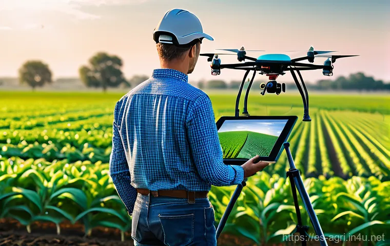 농업 스마트 워터링 시스템 - **Close-up of smart agriculture sensors collecting data:** A detailed, low-angle shot focusing on va...