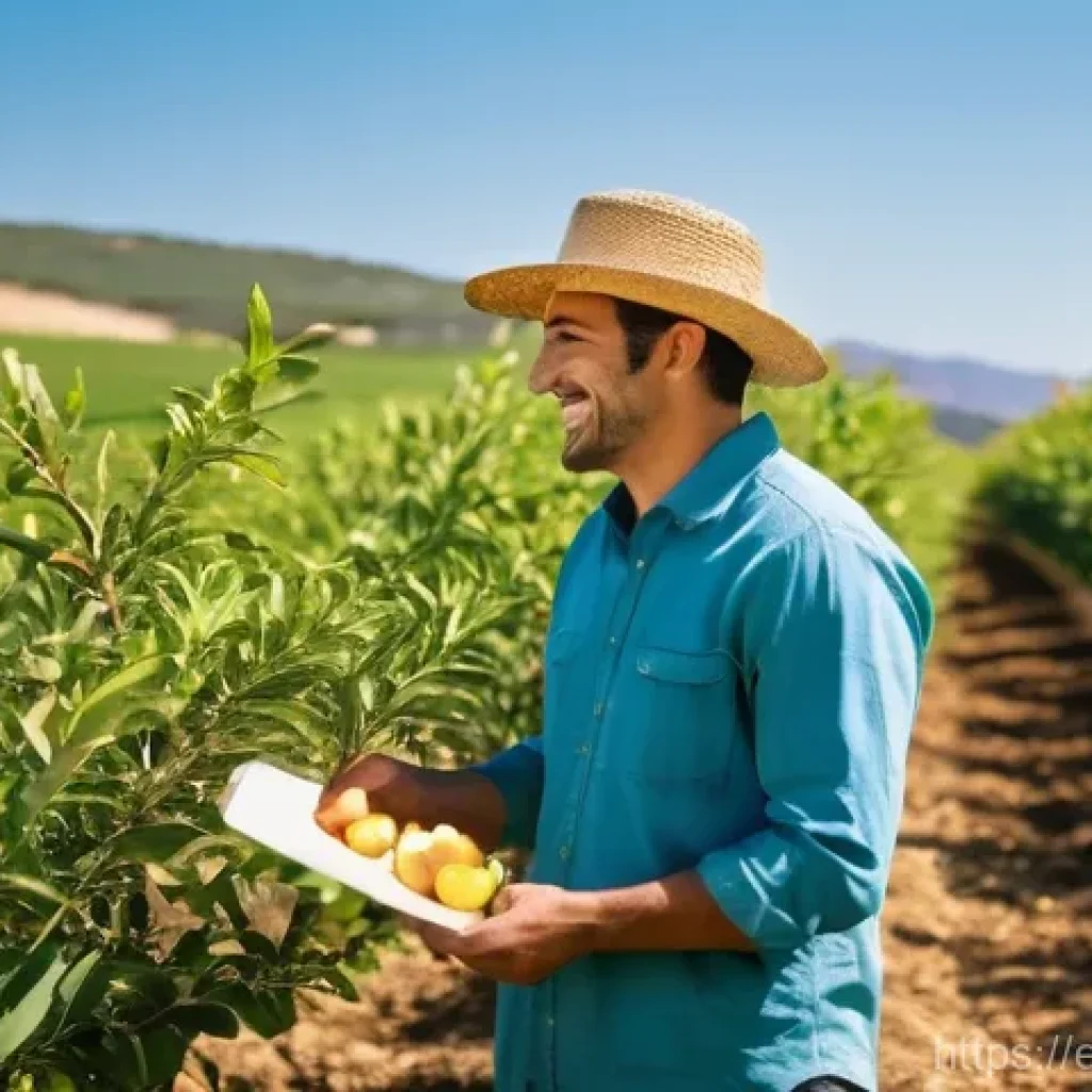 농업 친환경 농약 개발 - **Prompt:** A vibrant, sun-drenched agricultural field in a Spanish landscape, possibly near Valenci...