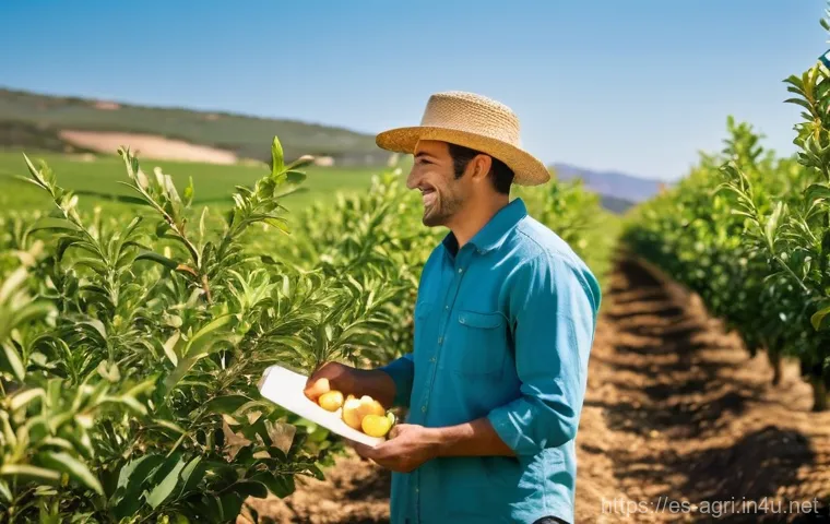 농업 친환경 농약 개발 - **Prompt:** A vibrant, sun-drenched agricultural field in a Spanish landscape, possibly near Valenci...