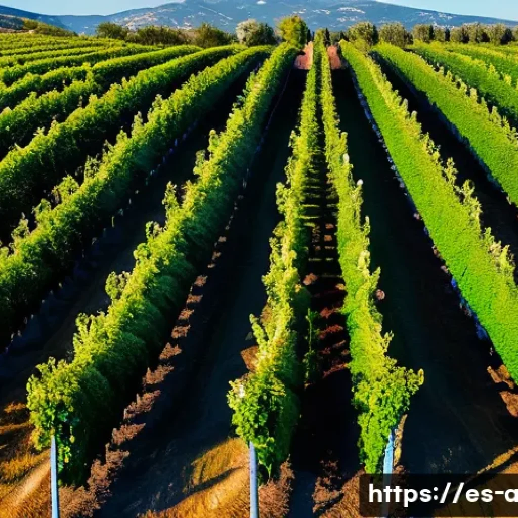 정밀 농업 기술 - A modern Spanish vineyard landscape at sunrise, featuring a high-tech drone flying over rows of grap...