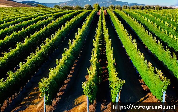 정밀 농업 기술 - A modern Spanish vineyard landscape at sunrise, featuring a high-tech drone flying over rows of grap...