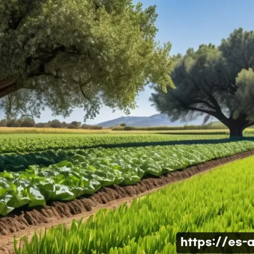 농업 환경 연구 보고서 - A vibrant agroforestry farm scene in a rural Spanish countryside during early morning light, showing...