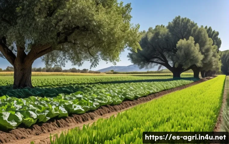 농업 환경 연구 보고서 - A vibrant agroforestry farm scene in a rural Spanish countryside during early morning light, showing...