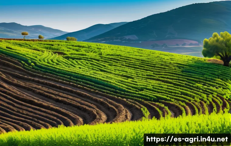 친환경 농업 방법 - A vibrant organic farm scene in rural Spain showcasing sustainable soil optimization practices: rich...