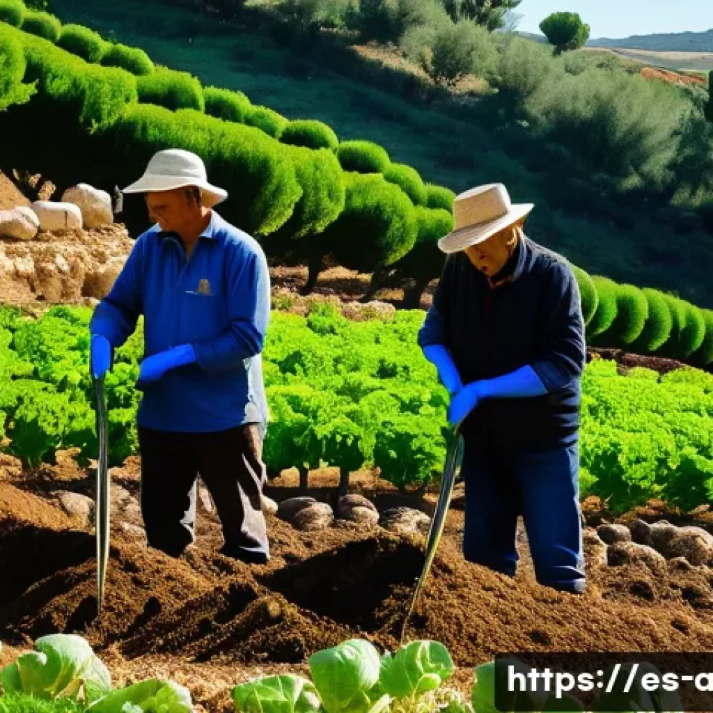 농업 친환경 비료 연구 - A vibrant organic farm scene in southern Spain, showing farmers applying biofertilizers containing b...