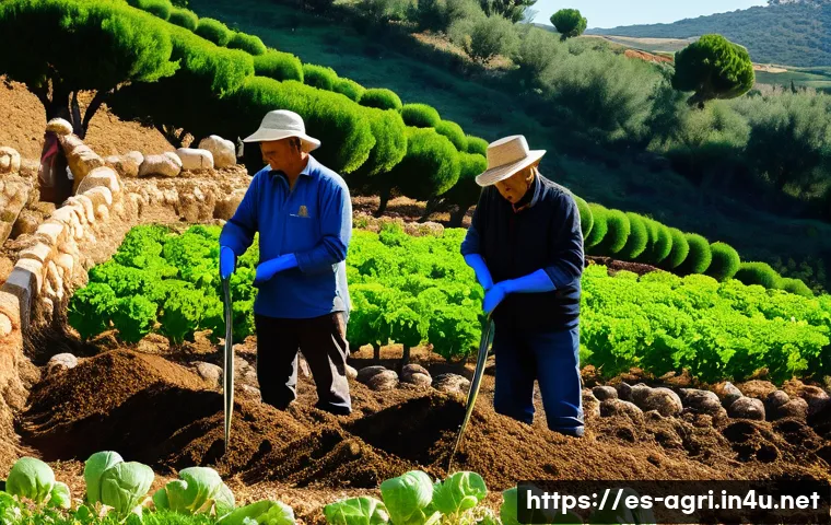 농업 친환경 비료 연구 - A vibrant organic farm scene in southern Spain, showing farmers applying biofertilizers containing b...