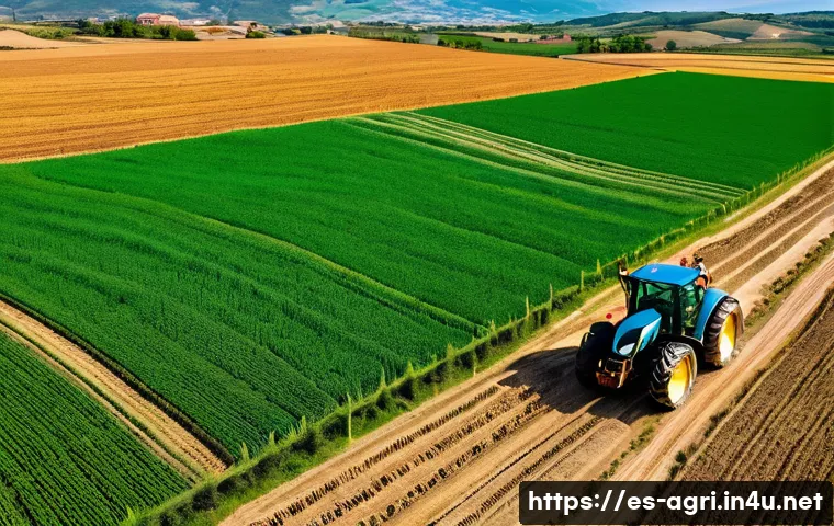 농업 관련 국가 정책 변화 - A vibrant rural farm scene in Spain showcasing a modern tractor equipped with GPS technology working...