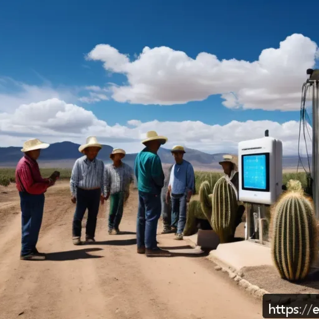 농업 재해 관리 - A vibrant rural scene in northern Mexico showing a group of local farmers gathered around a high-tec...