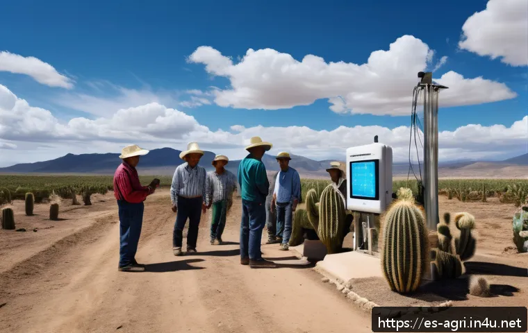 농업 재해 관리 - A vibrant rural scene in northern Mexico showing a group of local farmers gathered around a high-tec...