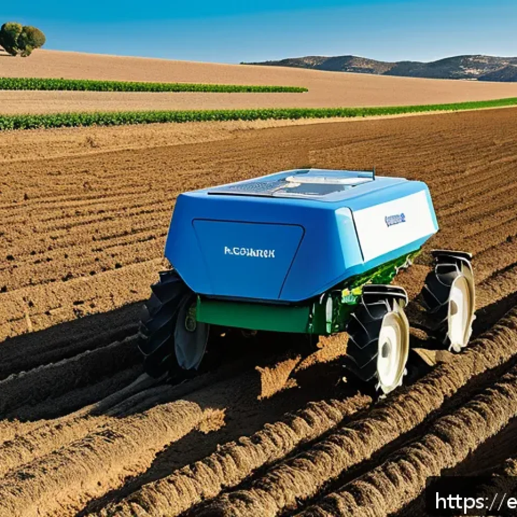 농업 자율 로봇 적용 사례 - A modern agricultural field in southern Spain with an advanced seed-planting robot operating on unev...