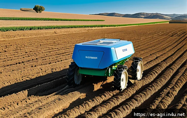 농업 자율 로봇 적용 사례 - A modern agricultural field in southern Spain with an advanced seed-planting robot operating on unev...