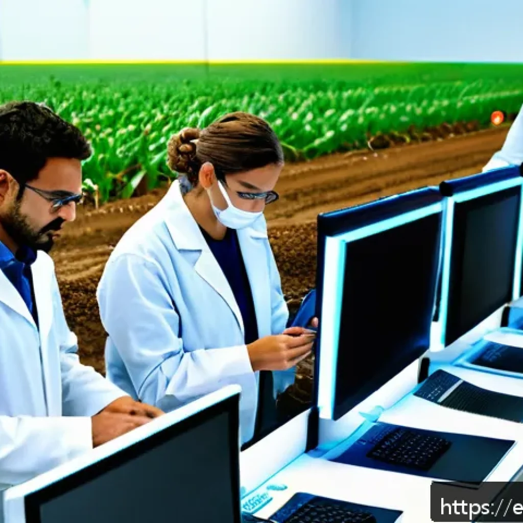 농업 실험실 연구 기법 - A detailed agricultural laboratory scene showing scientists analyzing soil samples with advanced equ...