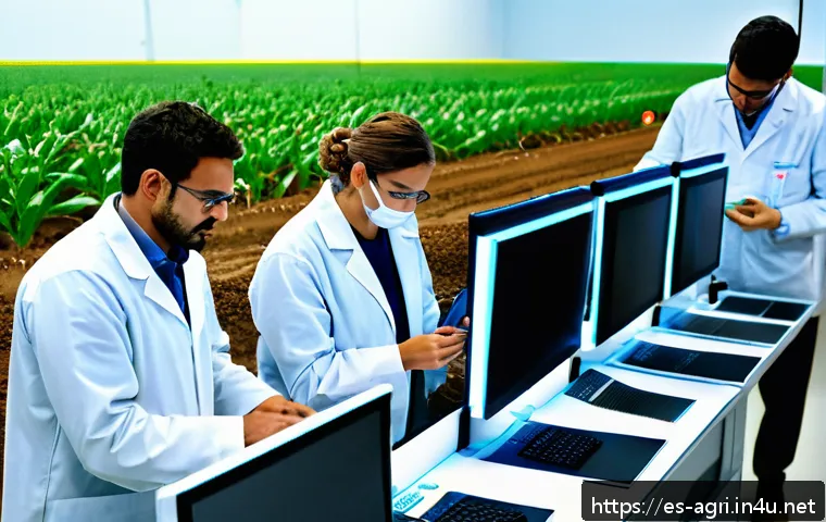 농업 실험실 연구 기법 - A detailed agricultural laboratory scene showing scientists analyzing soil samples with advanced equ...