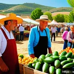농업 시장 조사 방법 - A vibrant outdoor agricultural fair in Spain, featuring diverse local farmers in traditional attire ...