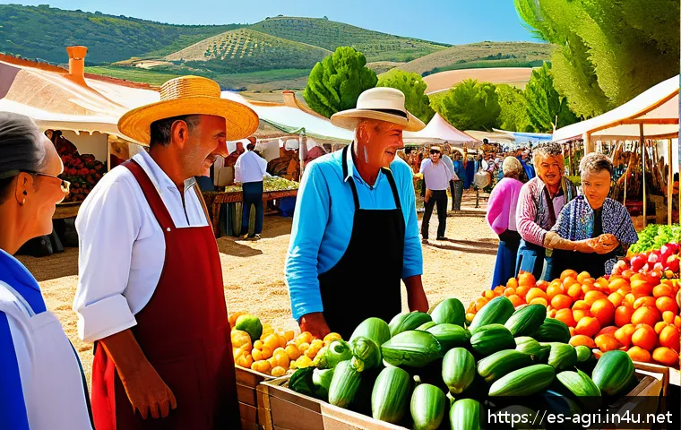 농업 시장 조사 방법 - A vibrant outdoor agricultural fair in Spain, featuring diverse local farmers in traditional attire ...
