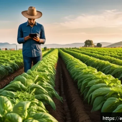 농업 원예 자동화 기술 - A high-tech agricultural field in Latin America during golden hour, showcasing smart sensors embedde...