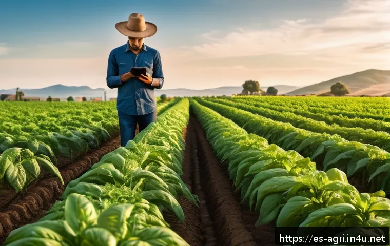 농업 원예 자동화 기술 - A high-tech agricultural field in Latin America during golden hour, showcasing smart sensors embedde...