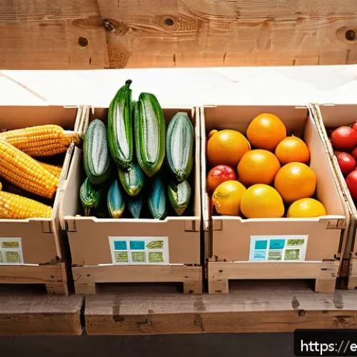 농업 환경 친화적 포장재 - A vibrant agricultural market scene in Spain showcasing fresh fruits and vegetables packaged in inno...