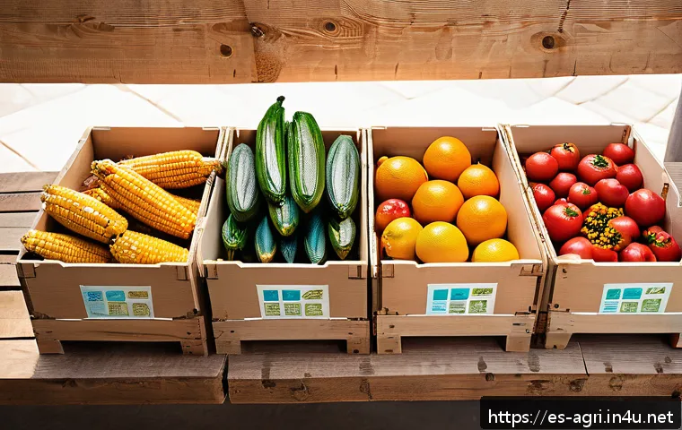 농업 환경 친화적 포장재 - A vibrant agricultural market scene in Spain showcasing fresh fruits and vegetables packaged in inno...
