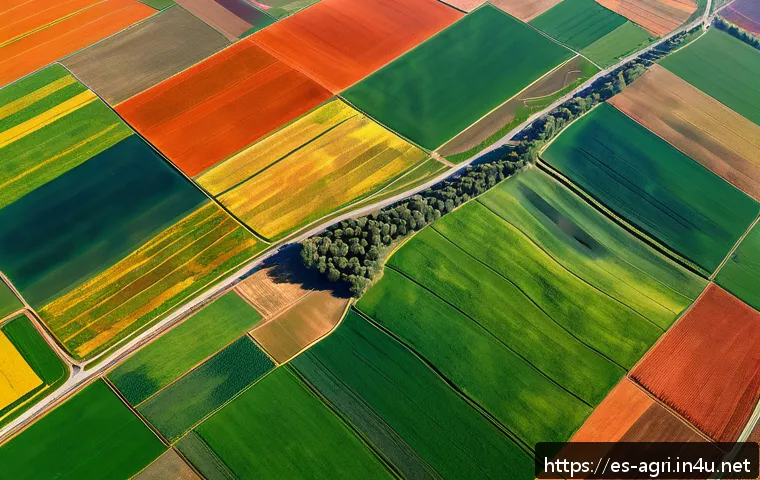 농업 원격 감지 기술 연구 - A vibrant aerial view of a large Spanish agricultural landscape in Andalusia, showcasing diverse cro...