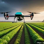 농업 자동 경작 기술 - A vibrant Latin American agricultural landscape at sunrise, featuring a fleet of advanced drones equ...