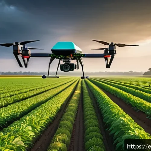 농업 자동 경작 기술 - A vibrant Latin American agricultural landscape at sunrise, featuring a fleet of advanced drones equ...