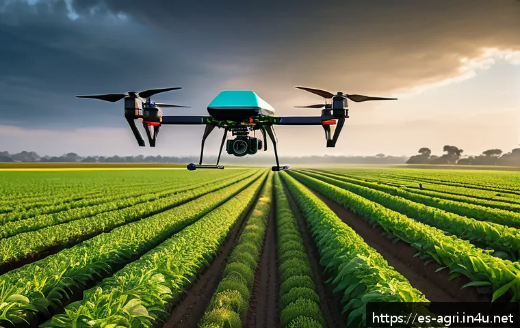 농업 자동 경작 기술 - A vibrant Latin American agricultural landscape at sunrise, featuring a fleet of advanced drones equ...