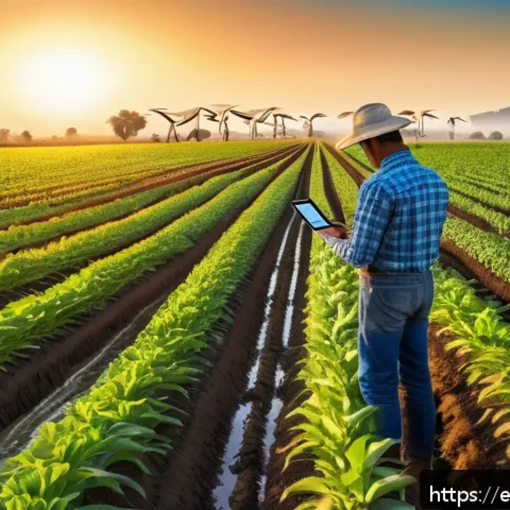 농업 빅데이터 분석 - A vibrant Latin American farm landscape at dawn showing a farmer consulting a digital tablet with Bi...