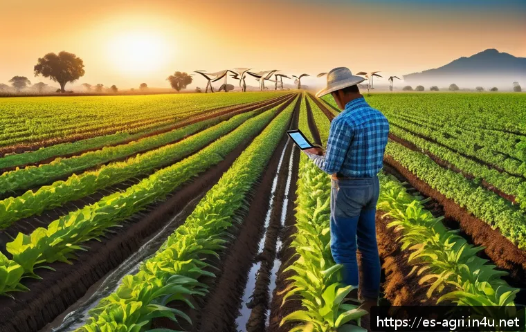 농업 빅데이터 분석 - A vibrant Latin American farm landscape at dawn showing a farmer consulting a digital tablet with Bi...