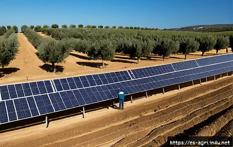 농업 재생 가능 에너지 활용 - Photorealistic wide view of a sustainable Spanish olive farm in Andalusia, neat rows of olive trees ...