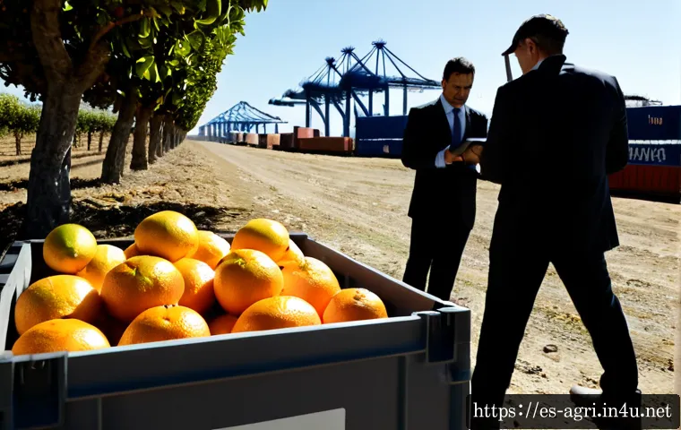 Home 17 농산물 수출 전략 - Photorealistic commercial agriculture export scene in a sunlit Spanish citrus orchard, a diverse tea...